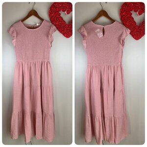 August Sky Womens Smocked Ruffle Sleeve Tiered Midi Summer Dress Medium Pink Blu